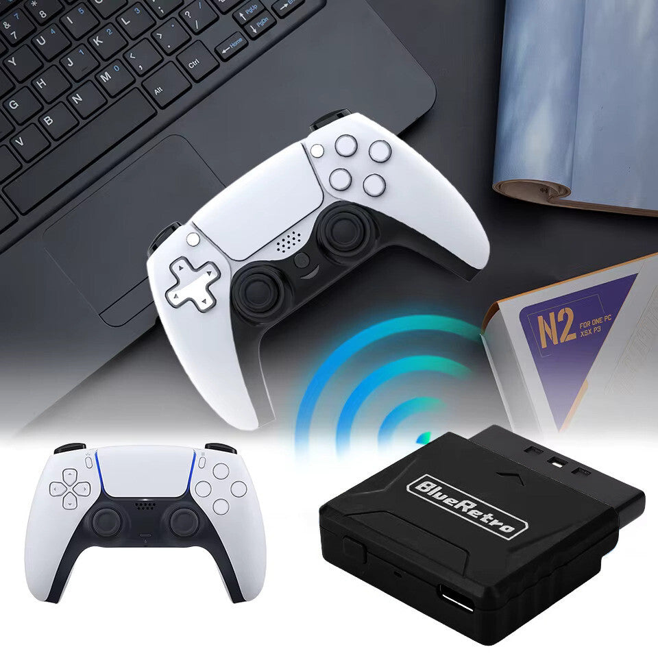 Wireless Bluetooth Controller Receiver - Playstation 1 & 2  - (Black) Blue Retro