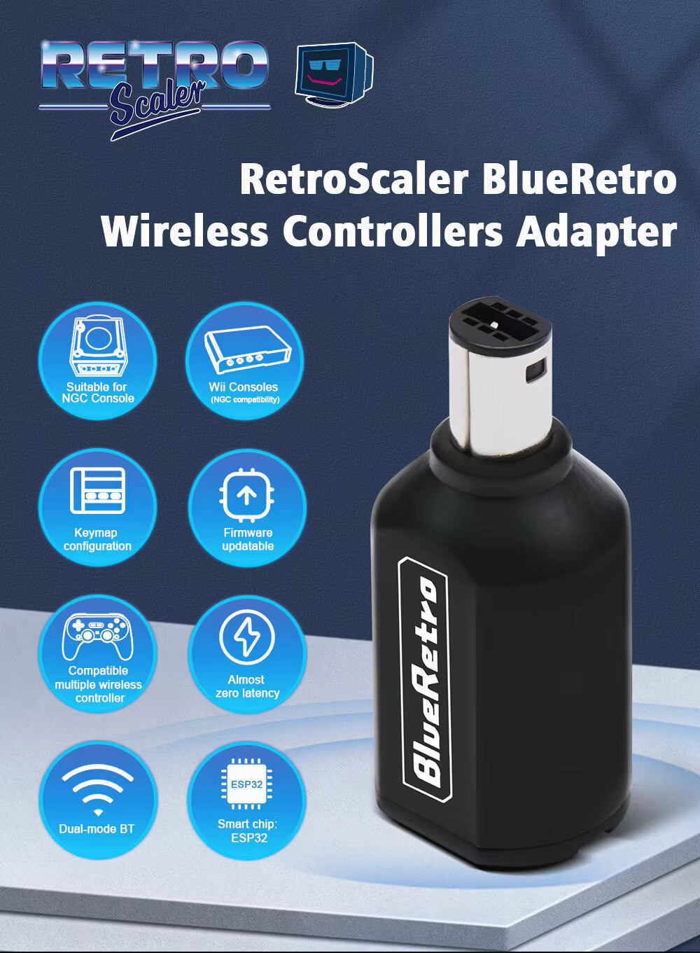 Wireless Bluetooth Receiver - Nintendo Gamecube  - (Grey) Blue Retro