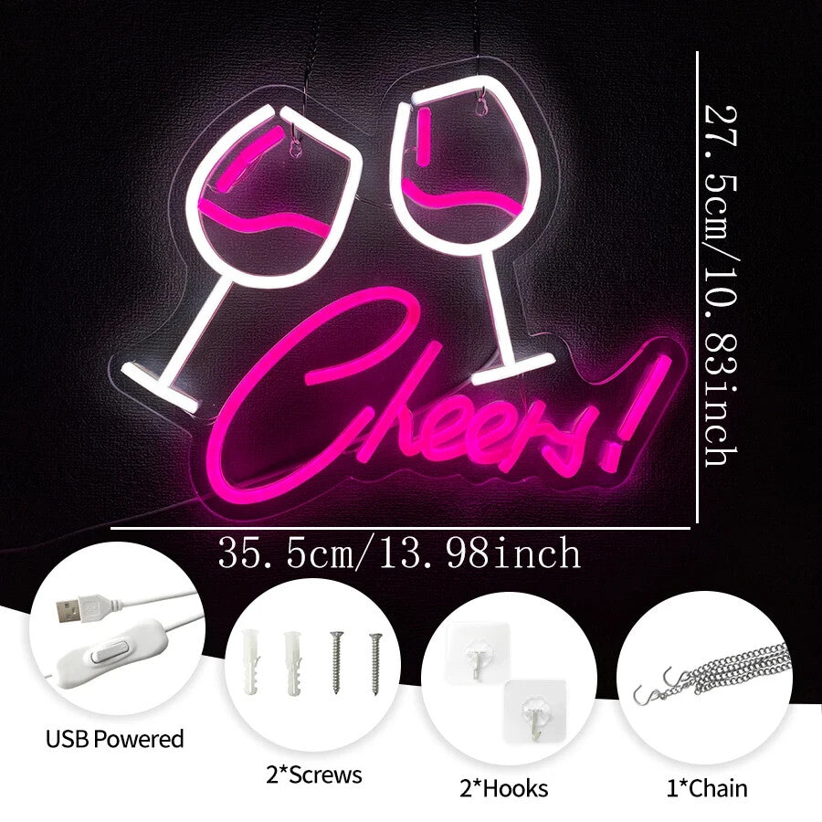 Cheers ! Wine Bar Neon Light - Cocktail Sign - Pub Home Club etc LED Prosecco
