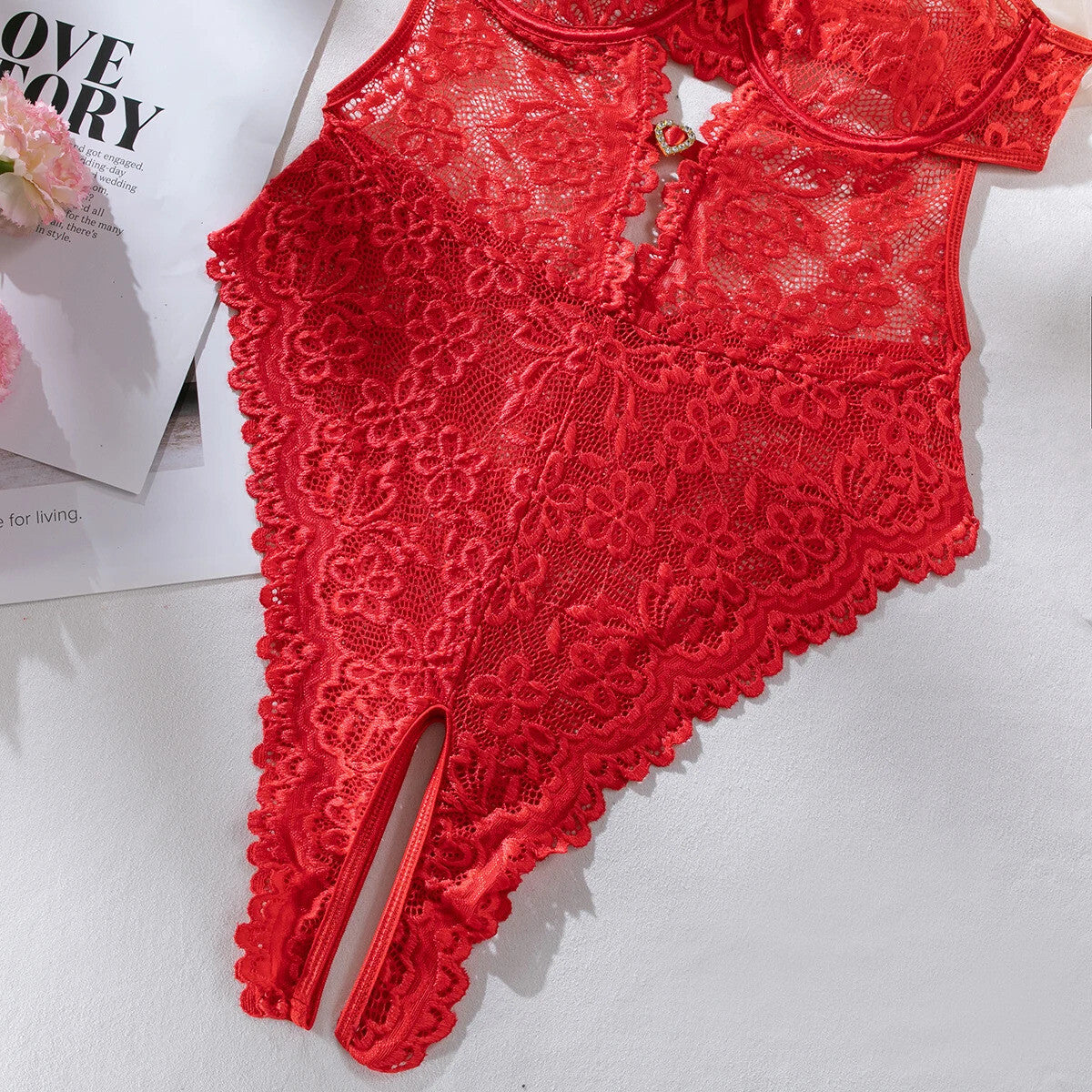 Sexy 2 Piece Valentines Lingerie Set - Backless Red Lace Outfit crotchless Skirt