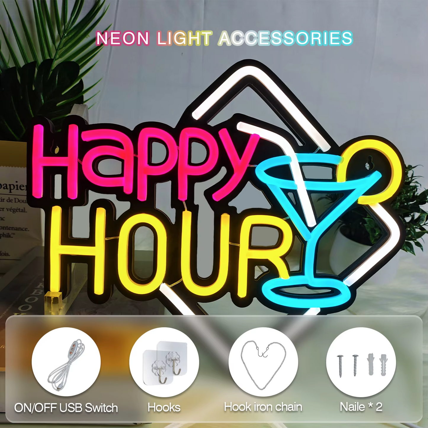 Happy Hour Neon Light - Cocktail Bar Sign - Pub Home Club etc LED