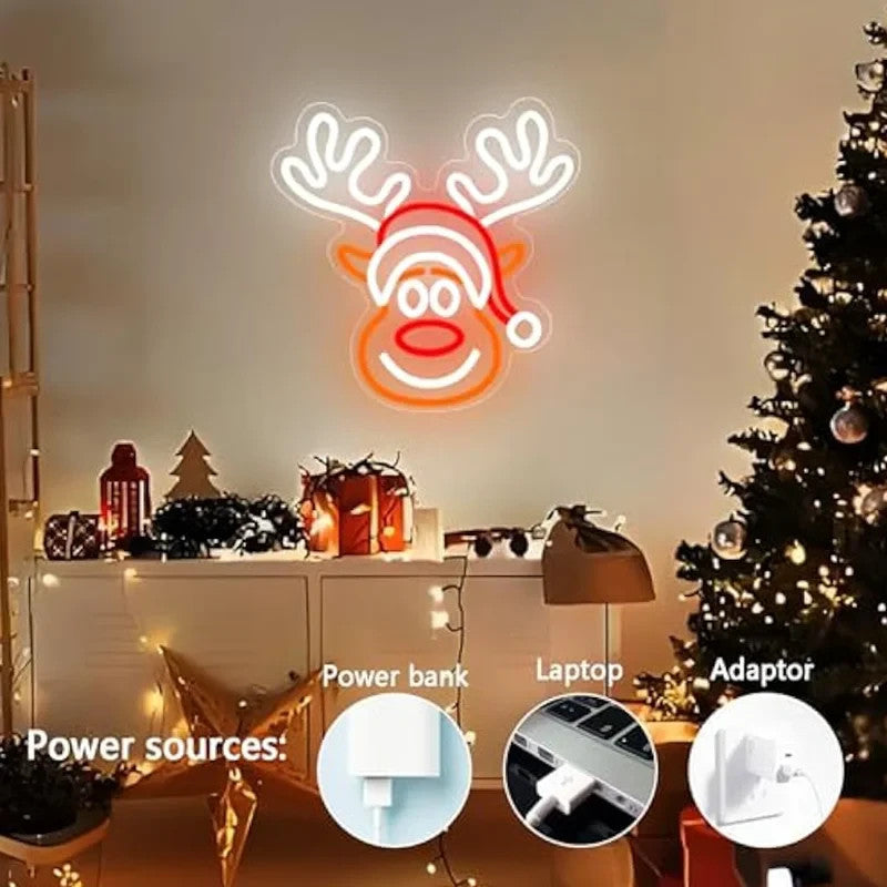 Merry Christmas Neon Sign - LED Rudolph Reindeer Light - Home Happy Xmas Store