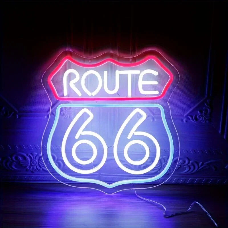 Route 66 Neon Light – LED Sign American - Acrylic Baseplate, USB Powered