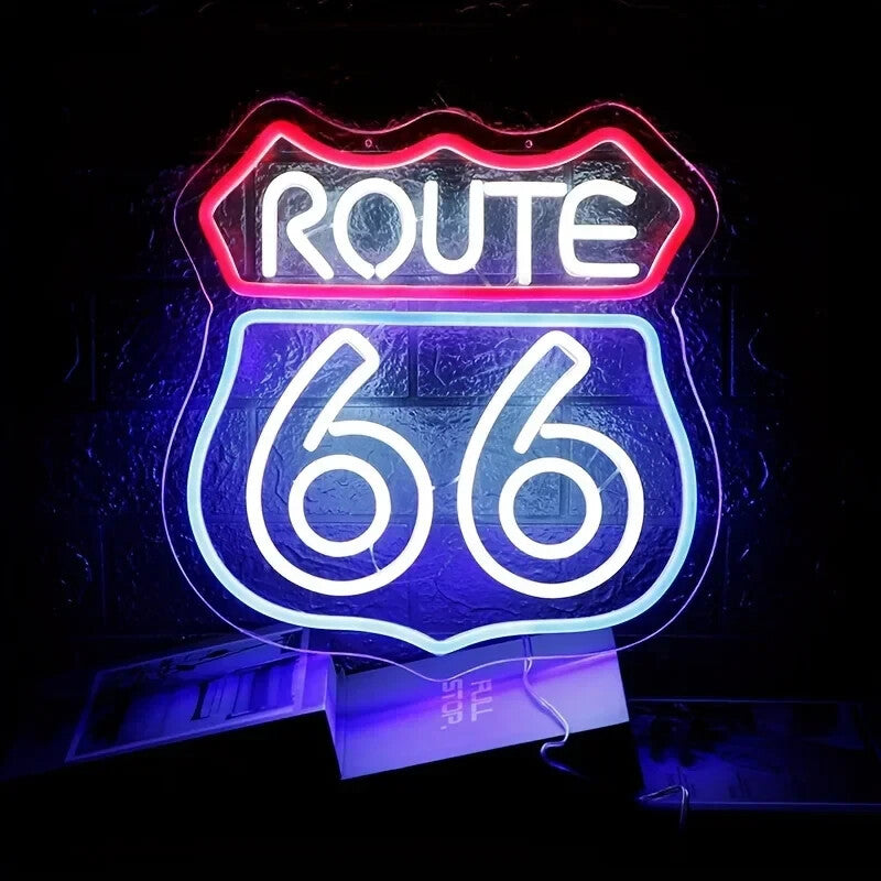 Route 66 Neon Light – LED Sign American - Acrylic Baseplate, USB Powered