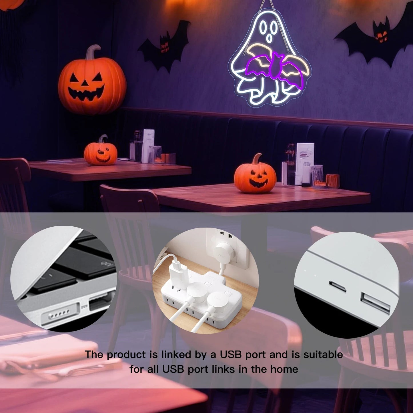 Halloween Ghost Neon Sign - LED Spooky Bat Light - Pub Home Happy Play Area Maze