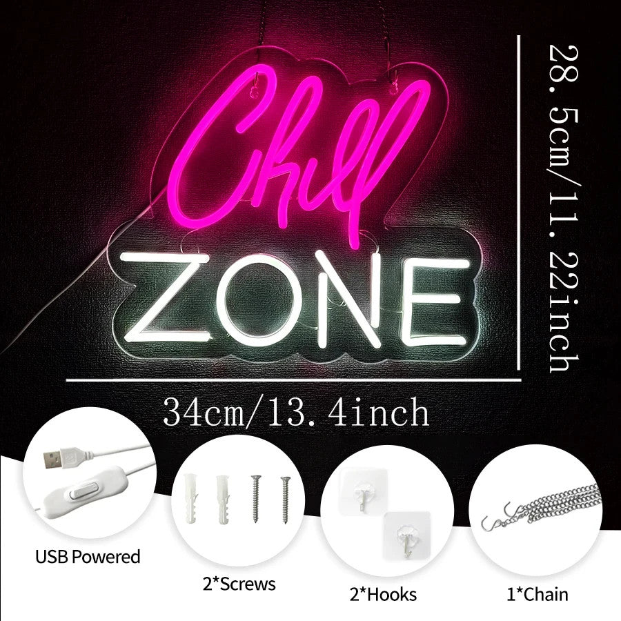 Chill Zone Neon Light - Relaxing Pink LED Sign - Games Room Bedroom Bar etc