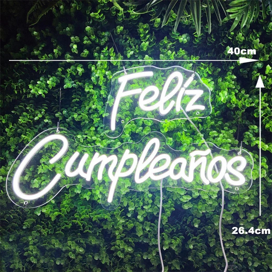 Feliz Cumpleanos Neon Sign - White LED Light - Wall Happy Birthday Party Spanish