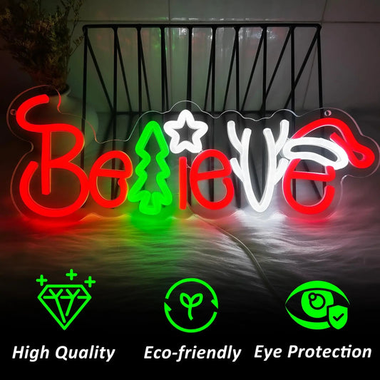 Merry Christmas Neon Sign - LED Believe Light - Happy Xmas Tree Santa Hat Store