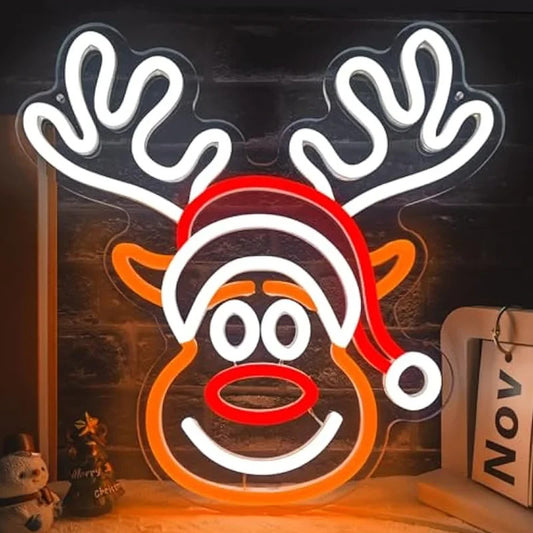 Merry Christmas Neon Sign - LED Rudolph Reindeer Light - Home Happy Xmas Store