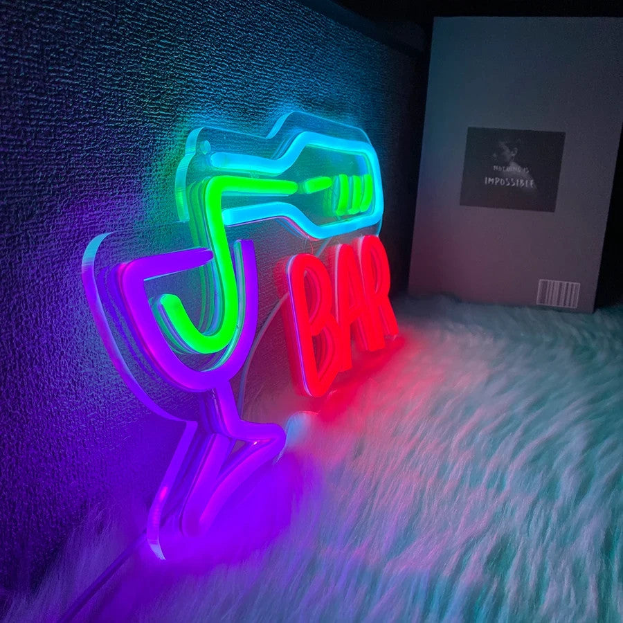 Wine Bottle Glass Pub Cocktail Bar Sign  - Neon Light - Home Club LED Alcohol