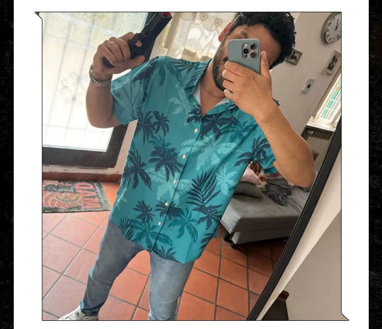 Retro inspired 80s themed Hawaiian shirt Blue - tropical Hawaii Mens Fancy Dress