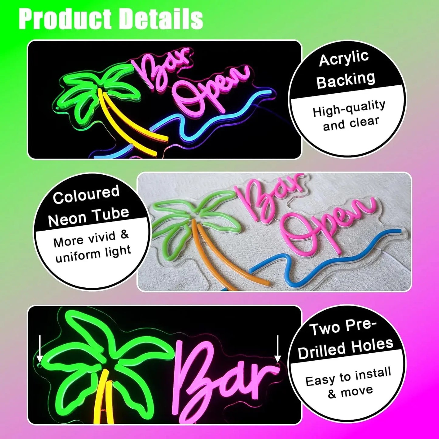 Bar Open Neon Light - LED Palm Sign - Pub Home Cocktail Club etc LED Alcohol