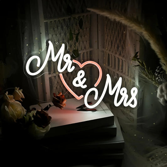 Mrs & Mrs Neon Sign - White LED Light - Wall Decor Wedding Bride Hen Party USB