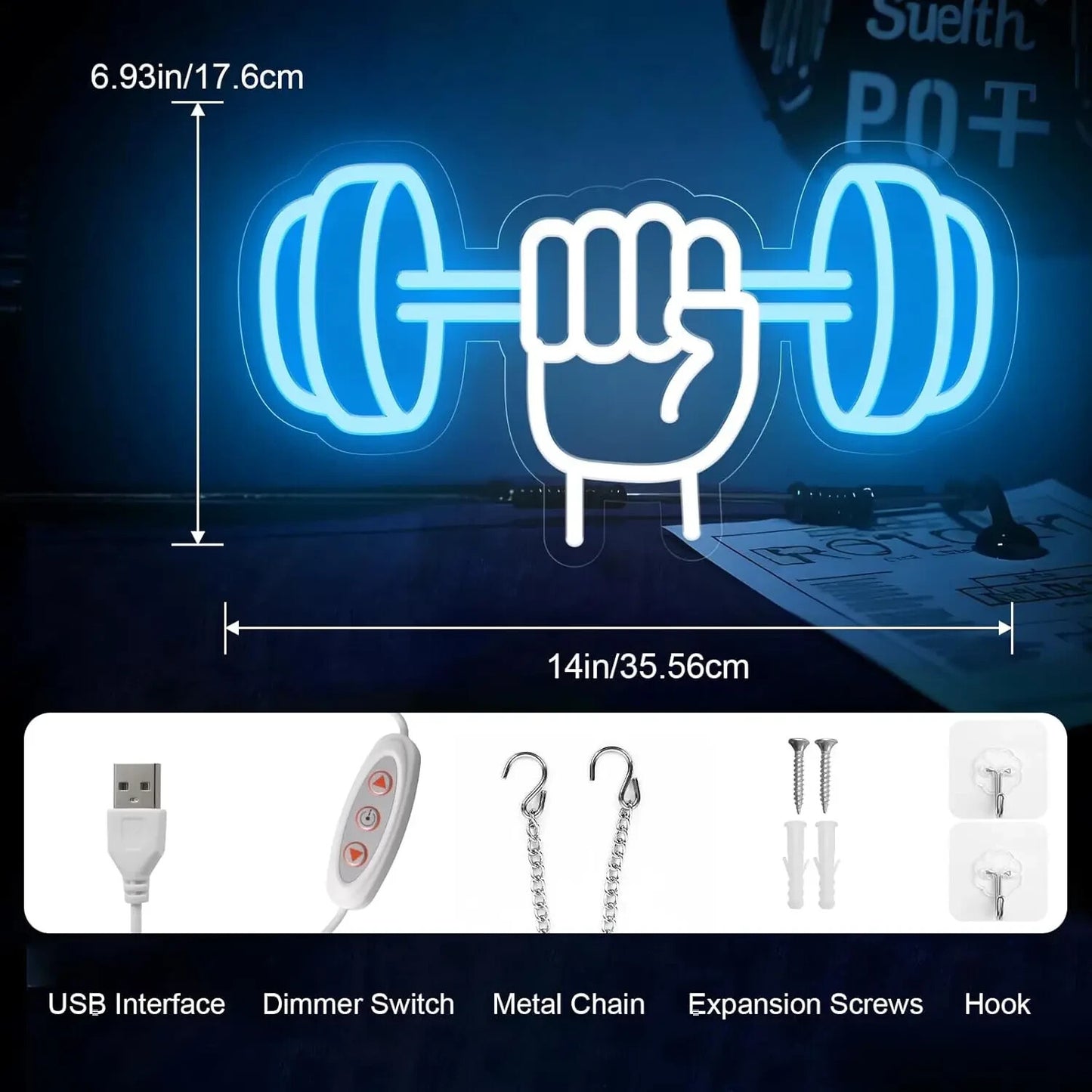 Gym Dumbbell Neon Sign - LED Weightlifting Light – Fitness Barbell USB Powered