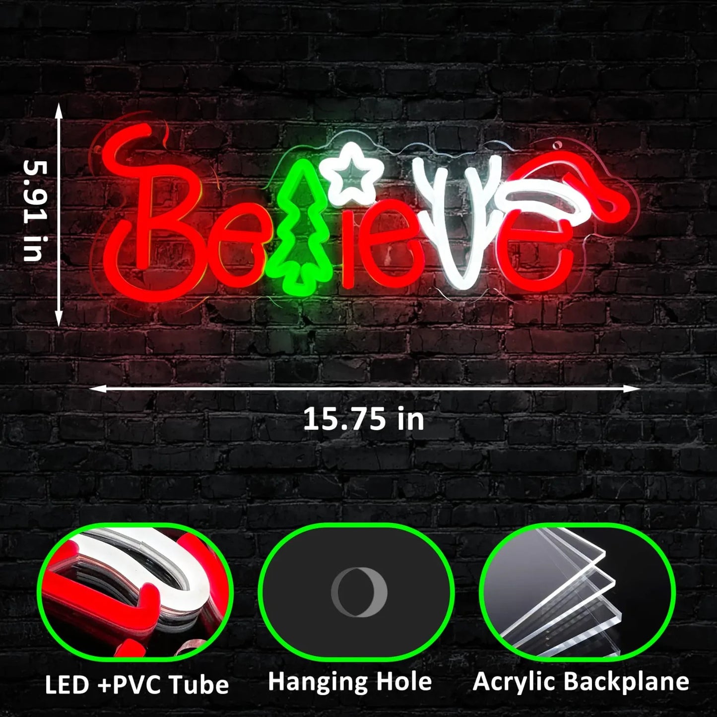 Merry Christmas Neon Sign - LED Believe Light - Happy Xmas Tree Santa Hat Store