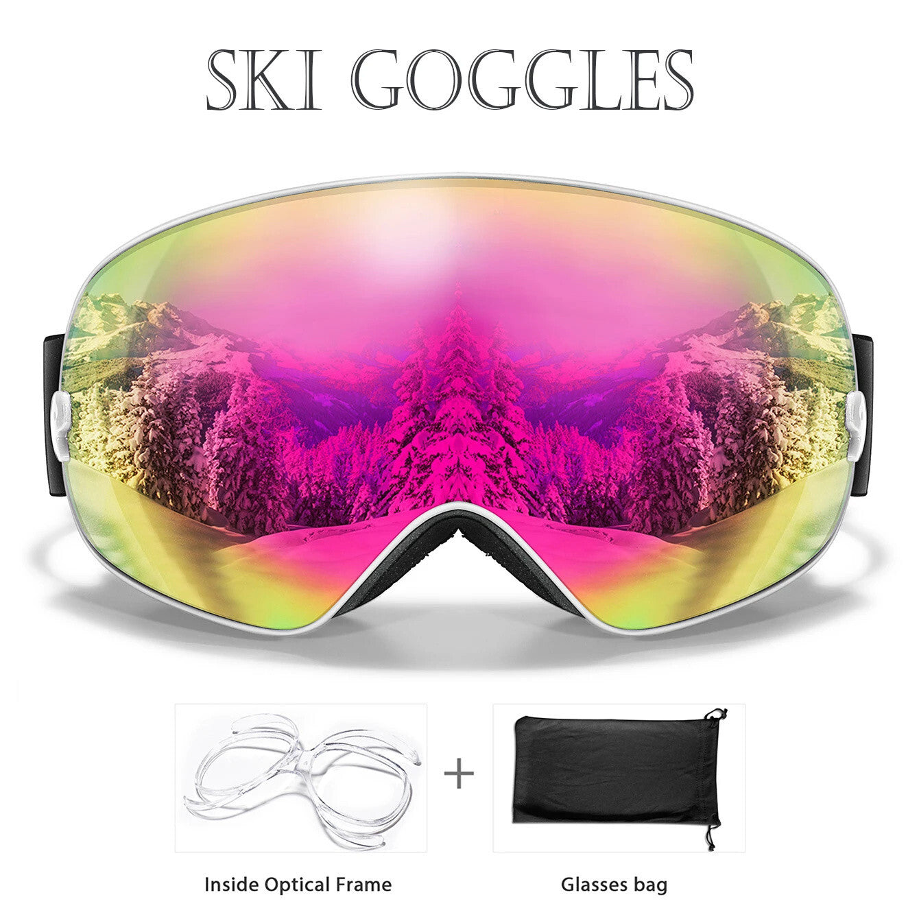 UV400 Interchangeable Lens Anti-Fog Ski Goggles - Adult Mens / Womans White Pink