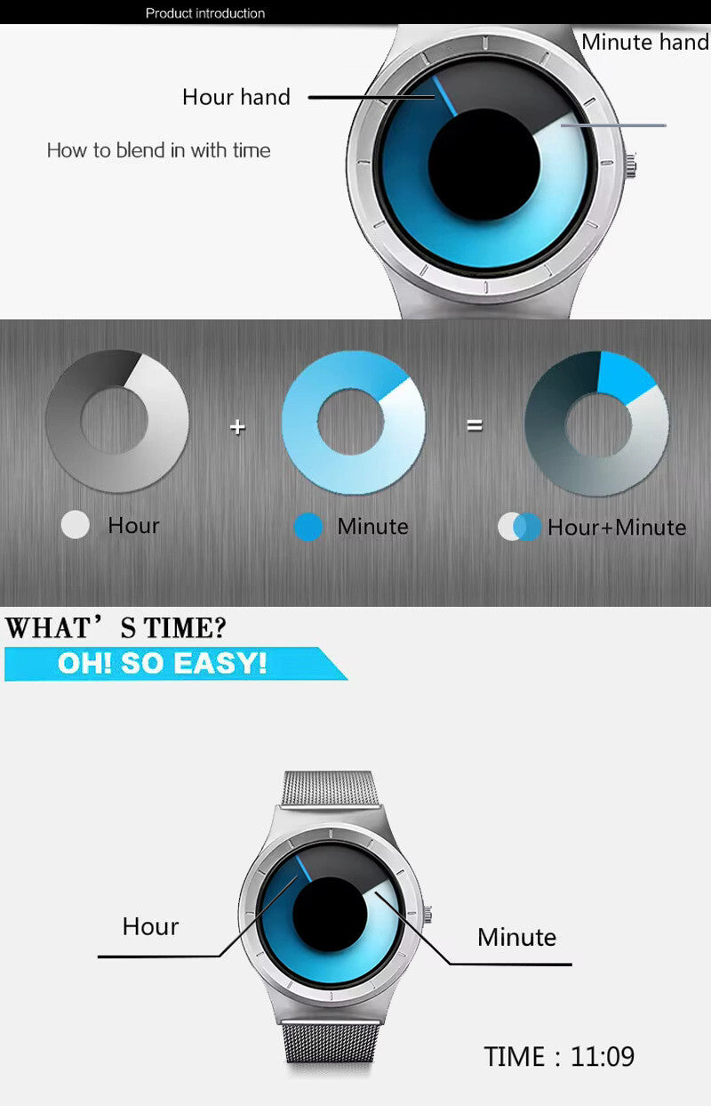 Numberless Watch - Liquid Blue Display - Fathers Day Gift Novelty Unique Unisex