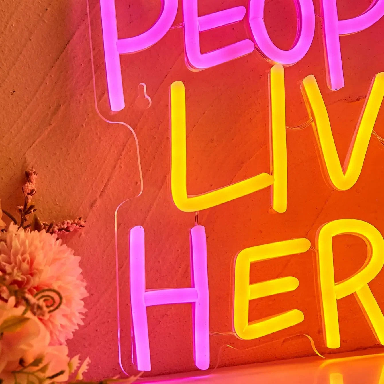 Cool People Live Here Pink Yellow Neon Sign - Light LED Bedroom Hotel Home USB
