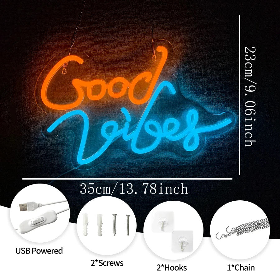 Good Vibes Neon Sign - Home LED Light - Office Bedroom Spa Bar etc USB Powered
