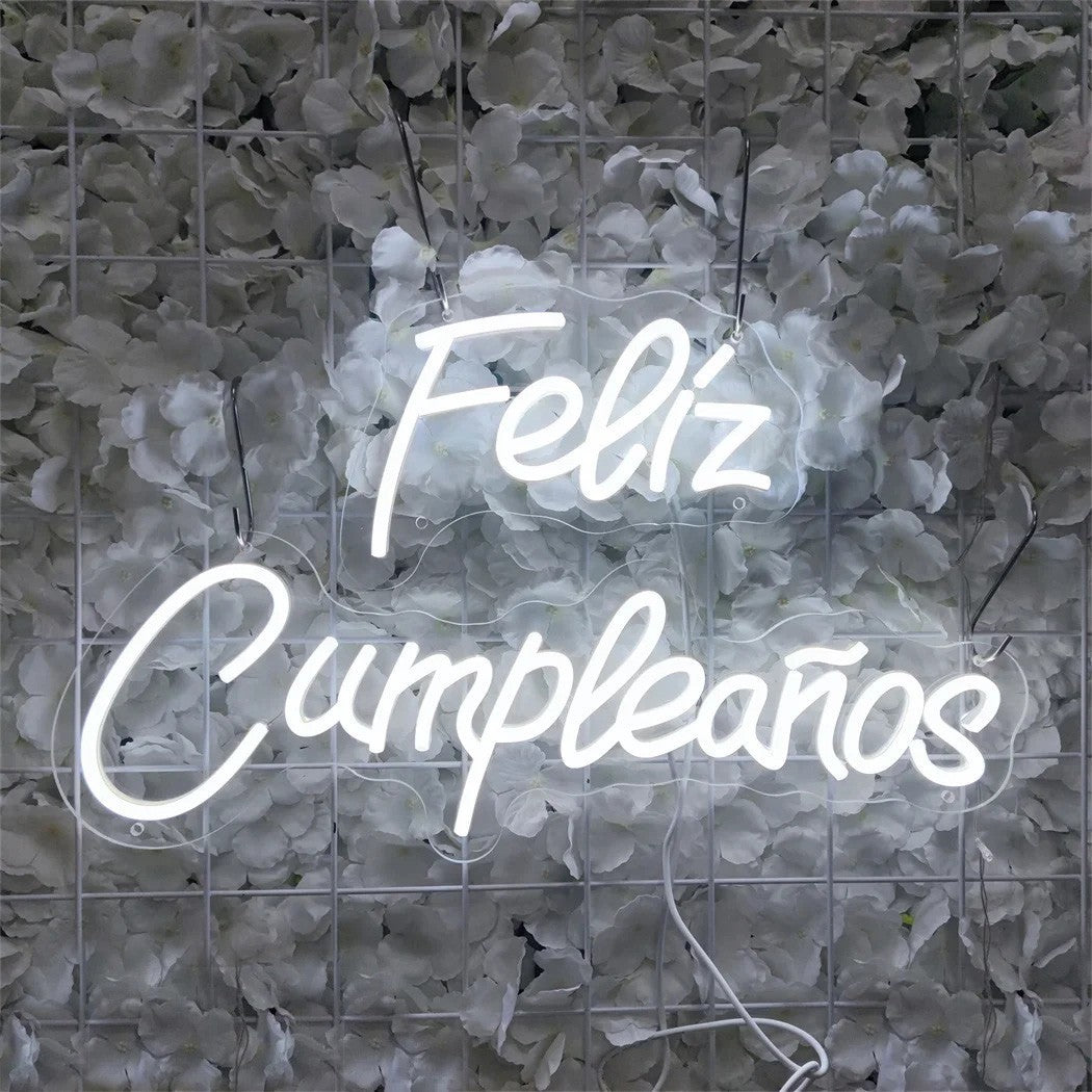 Feliz Cumpleanos Neon Sign - White LED Light - Wall Happy Birthday Party Spanish