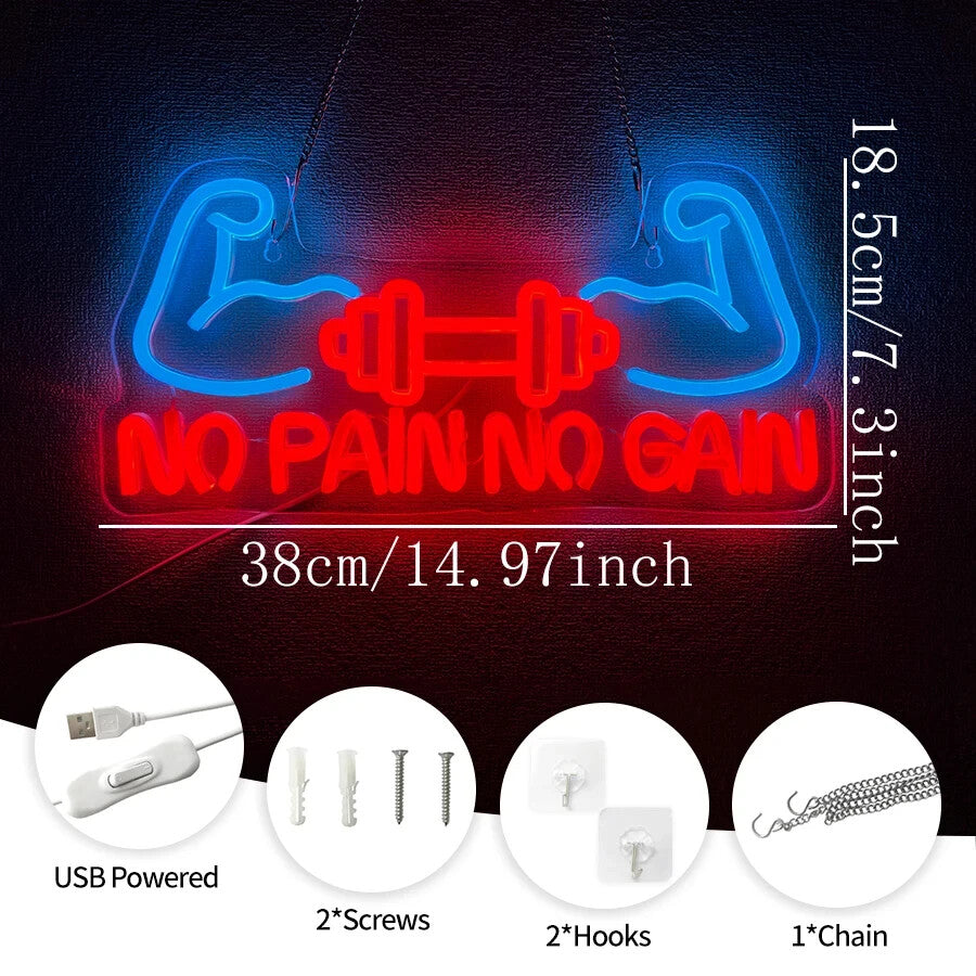 No Pain No Gain Neon Sign - LED Gym Light – Weightlifting Dumbbell USB Powered