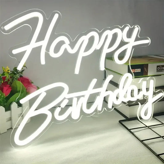 Happy Birthday Neon Sign - Cool White LED Light - Wall Bday Celebration Party