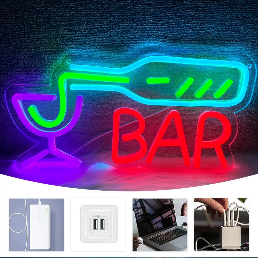 Wine Bottle Glass Pub Cocktail Bar Sign  - Neon Light - Home Club LED Alcohol