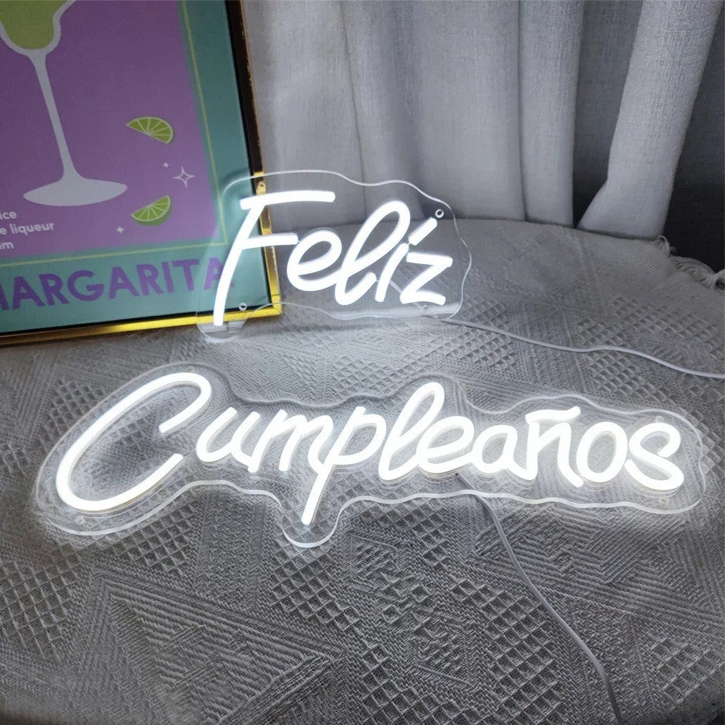 Feliz Cumpleanos Neon Sign - White LED Light - Wall Happy Birthday Party Spanish