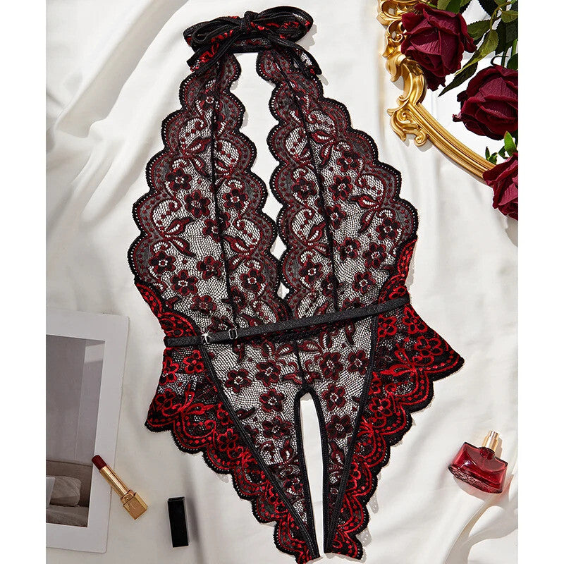 Sexy One Piece Valentines Lingerie Set - Plunge Red Outfit crotchless - Medium