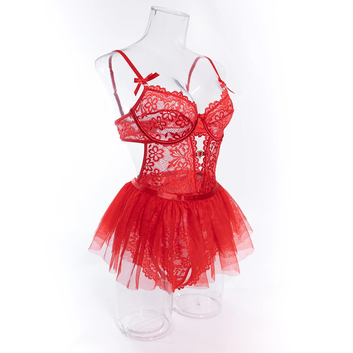 Sexy 2 Piece Valentines Lingerie Set - Backless Red Lace Outfit crotchless Skirt