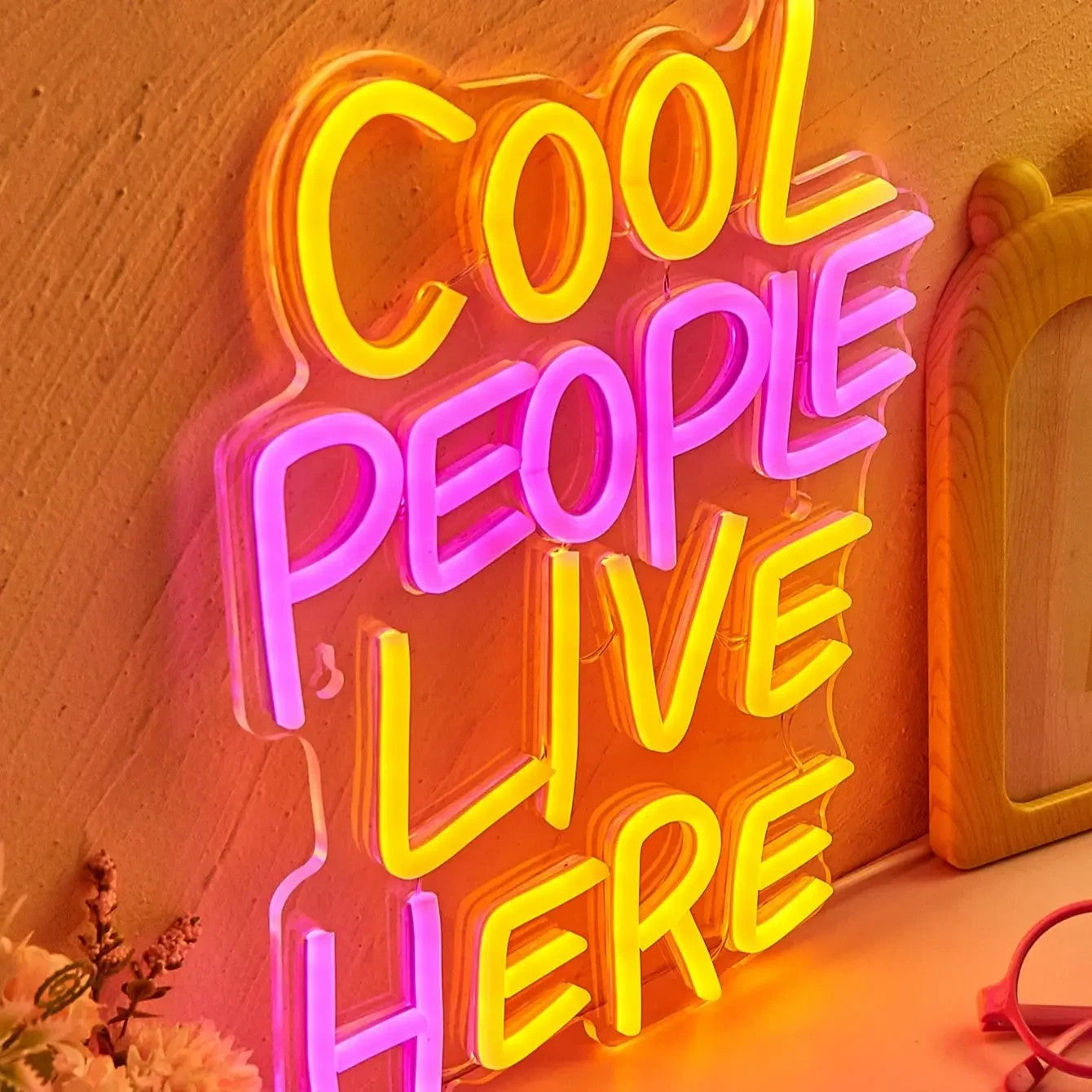 Cool People Live Here Pink Yellow Neon Sign - Light LED Bedroom Hotel Home USB