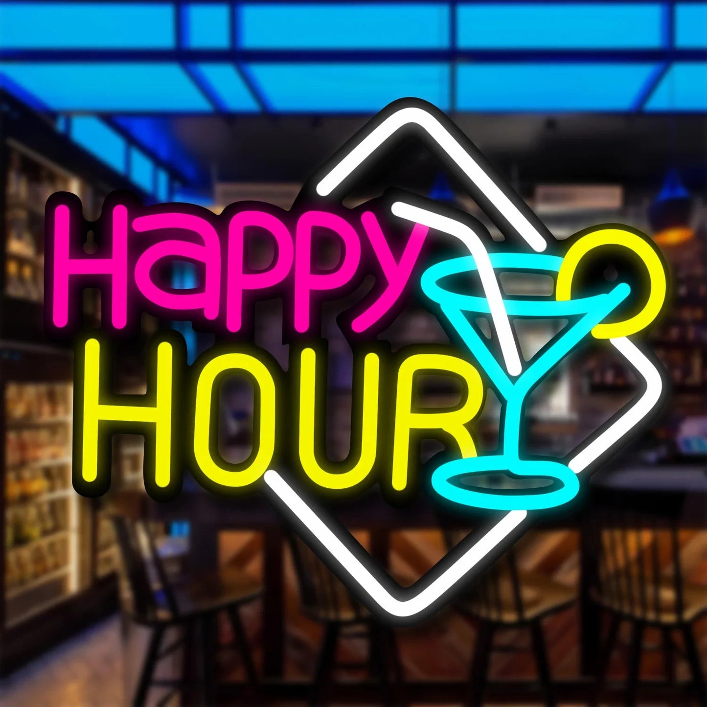 Happy Hour Neon Light - Cocktail Bar Sign - Pub Home Club etc LED