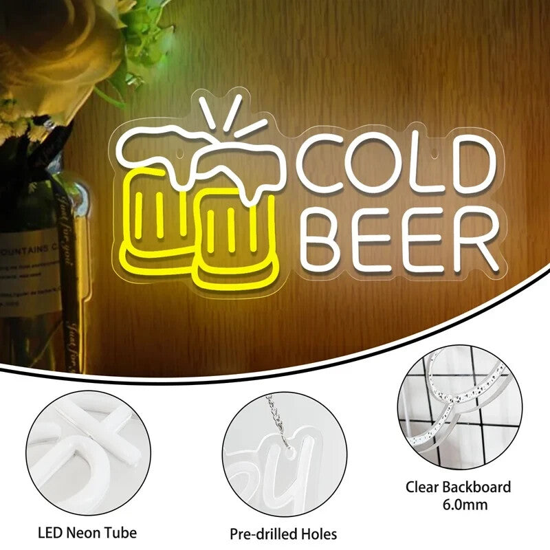 Cold Beer ! Bar Neon Light - Pub Sign - Home Club etc LED Lager Pint Man Cave