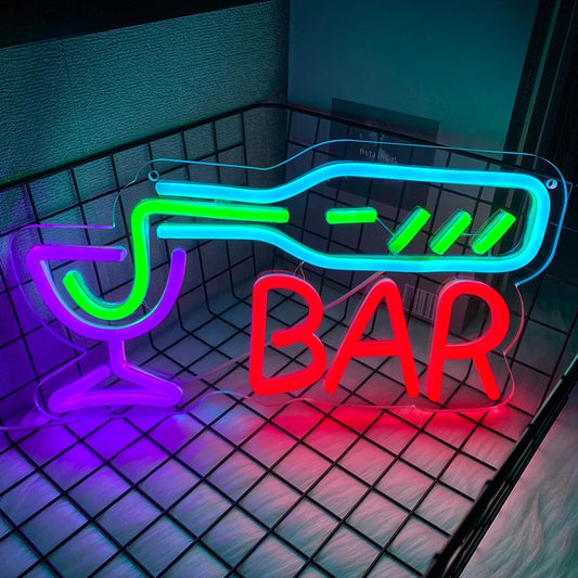 Wine Bottle Glass Pub Cocktail Bar Sign  - Neon Light - Home Club LED Alcohol