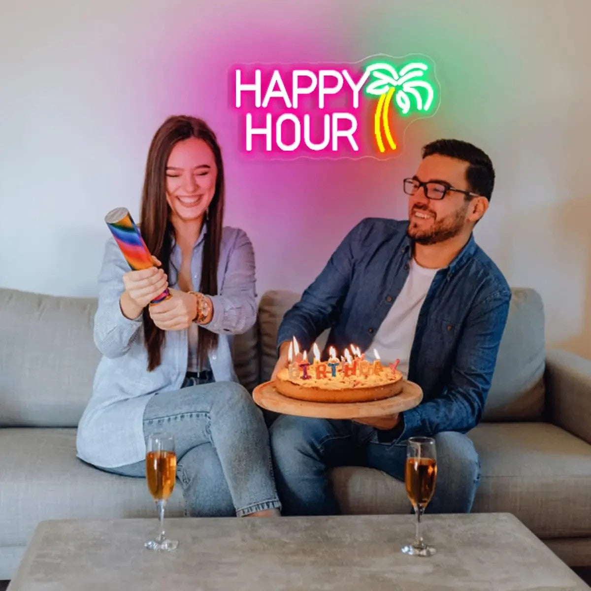 Happy Hour Neon Light - Palm Tree Cocktail Bar Sign - Pub Home Club etc LED