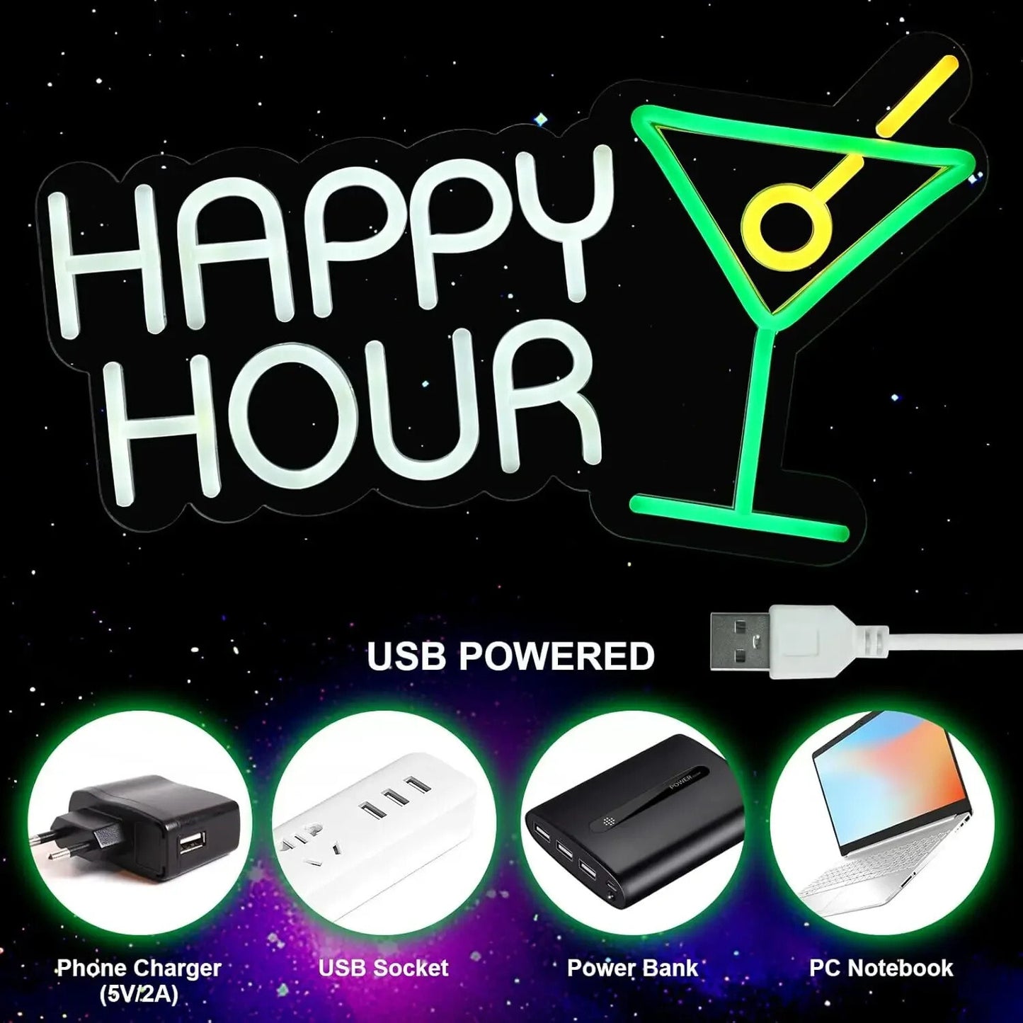Happy Hour Neon Light - Cocktail Bar Sign - Pub Home Club etc LED