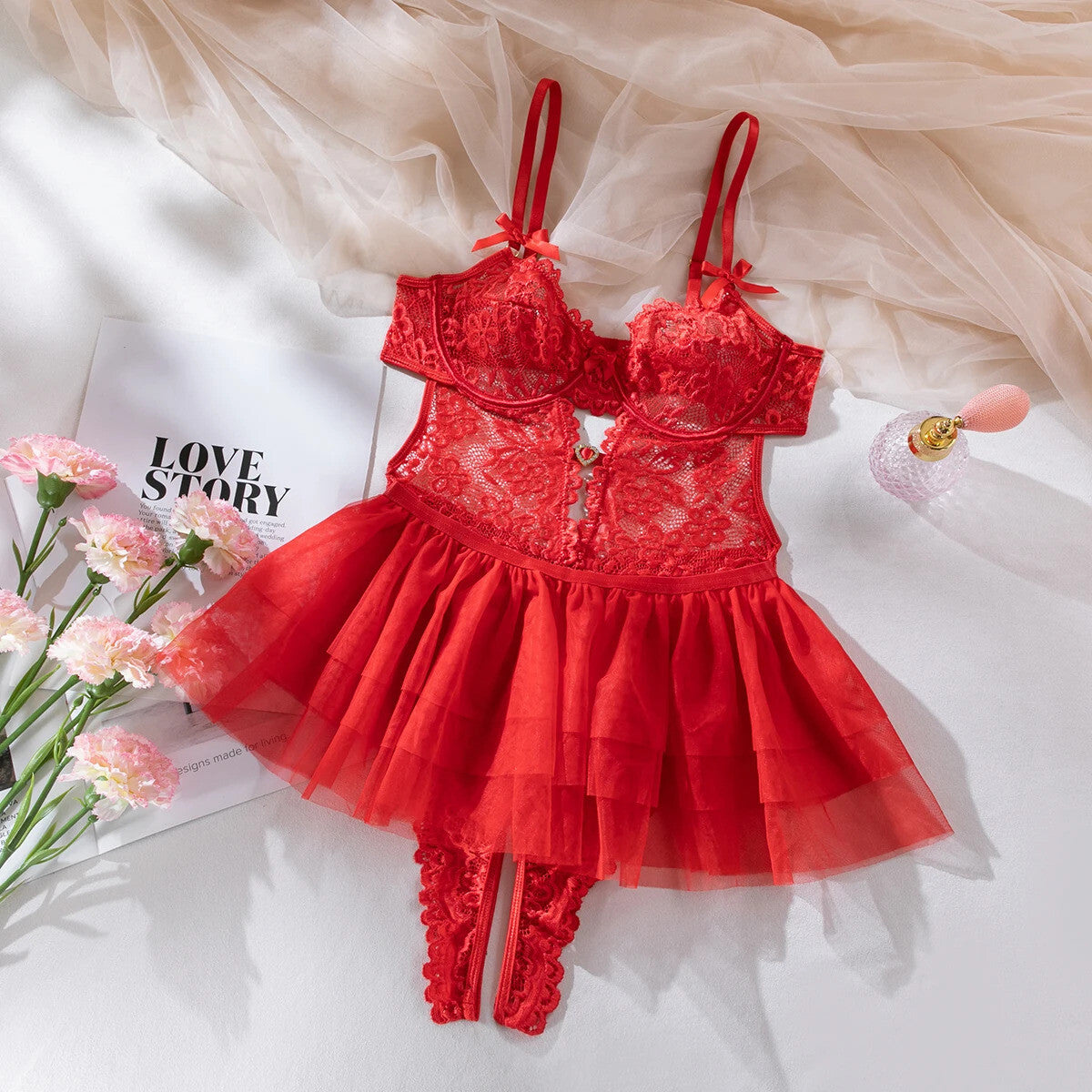 Sexy 2 Piece Valentines Lingerie Set - Backless Red Lace Outfit crotchless Skirt