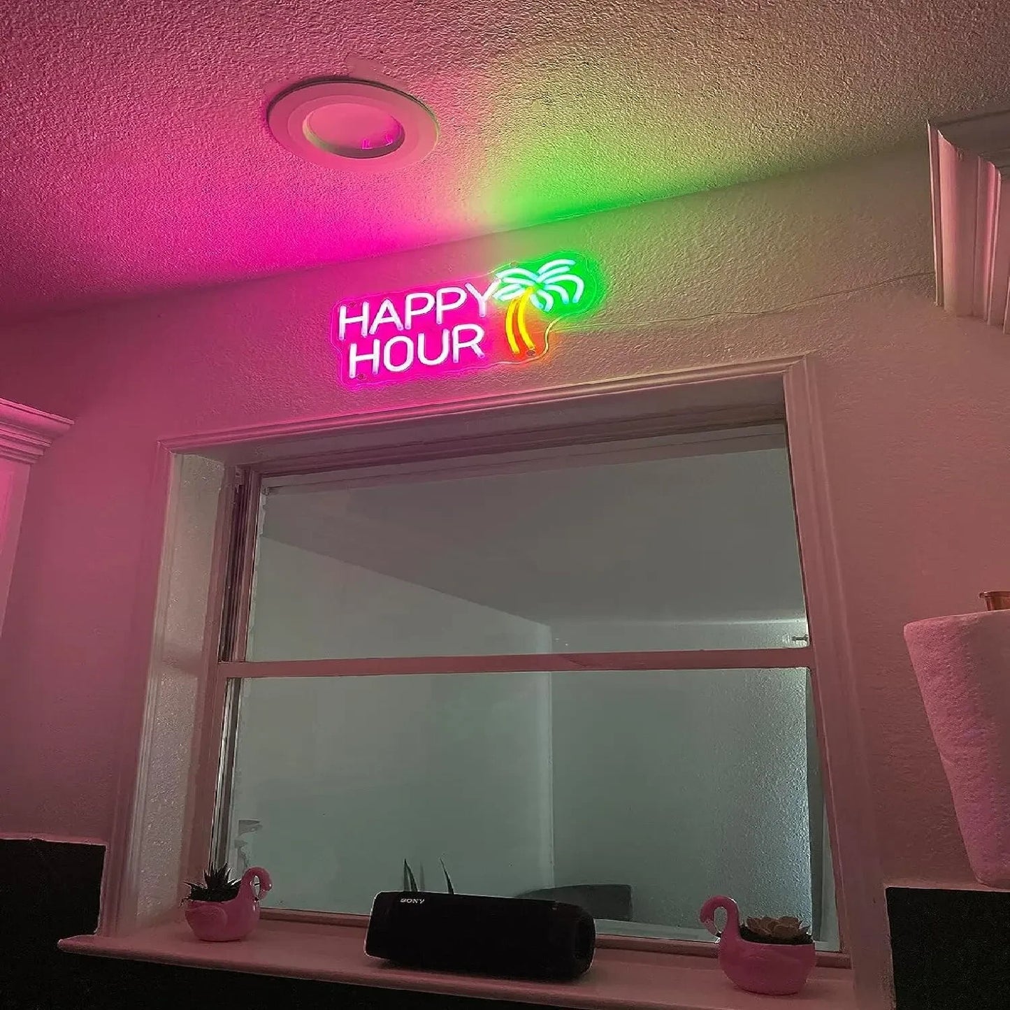Happy Hour Neon Light - Palm Tree Cocktail Bar Sign - Pub Home Club etc LED