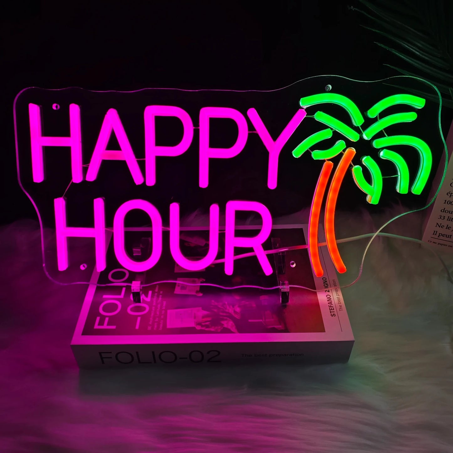 Happy Hour Neon Light - Palm Tree Cocktail Bar Sign - Pub Home Club etc LED