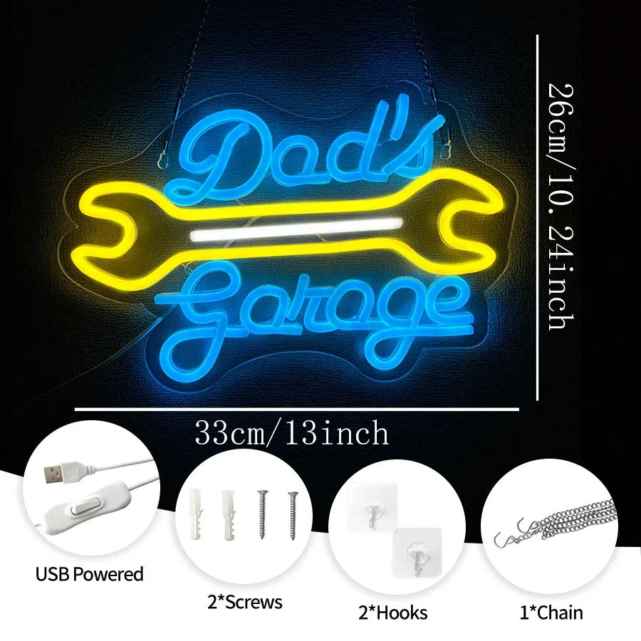 Dad's Garage Workshop Neon Sign - Home LED Light - Man Cave Bar etc Fathers Gift