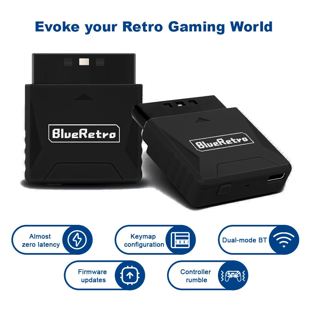 Wireless Bluetooth Controller Receiver - Playstation 1 & 2  - (Black) Blue Retro