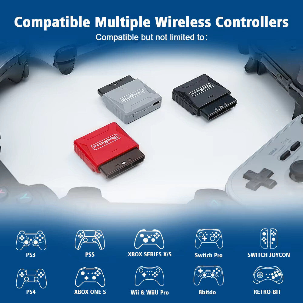Wireless Bluetooth Controller Receiver - Playstation 1 & 2  - (Black) Blue Retro