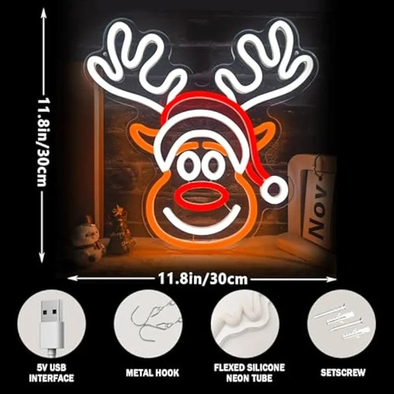 Merry Christmas Neon Sign - LED Rudolph Reindeer Light - Home Happy Xmas Store