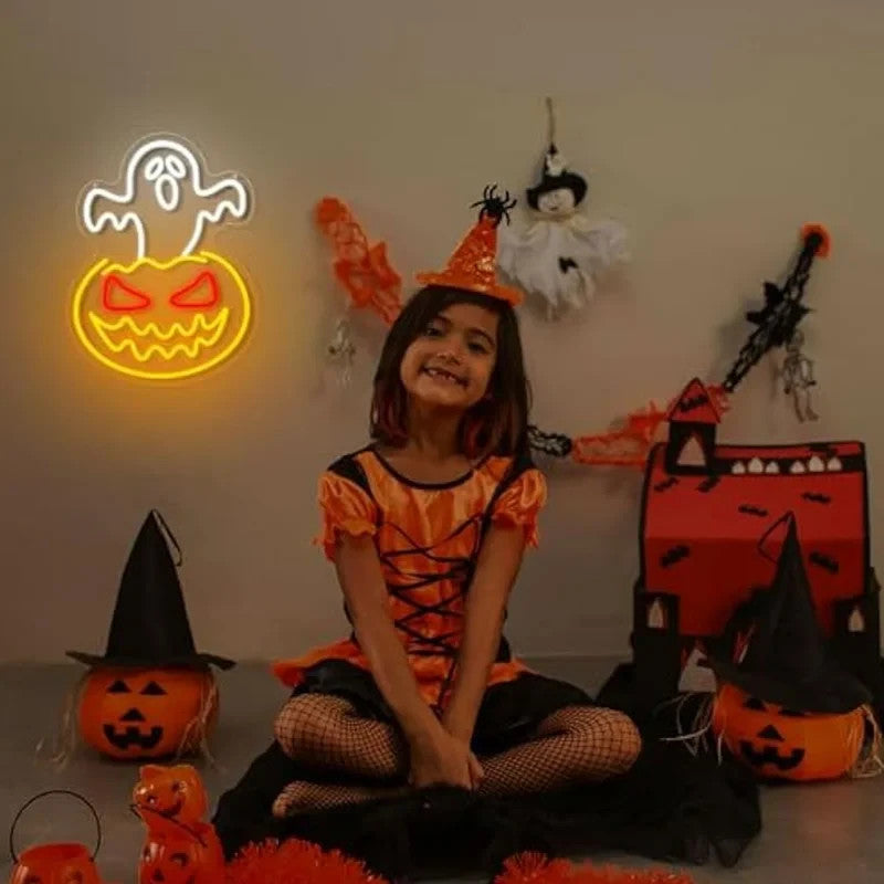 Happy Halloween Neon Sign - LED Spooky Pumpkin Light - Pub Home Play Area Ghost