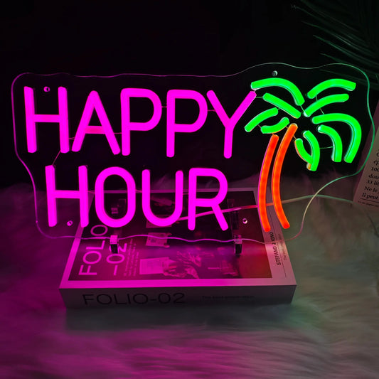 Happy Hour Neon Light - Palm Tree Cocktail Bar Sign - Pub Home Club etc LED