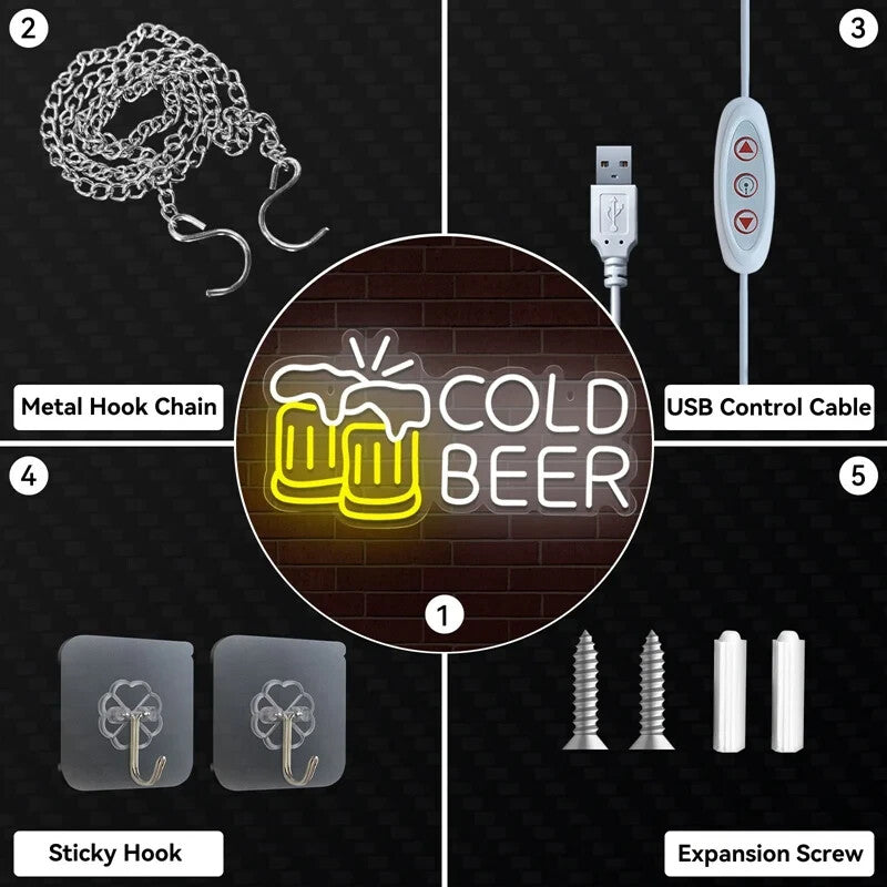 Cold Beer ! Bar Neon Light - Pub Sign - Home Club etc LED Lager Pint Man Cave