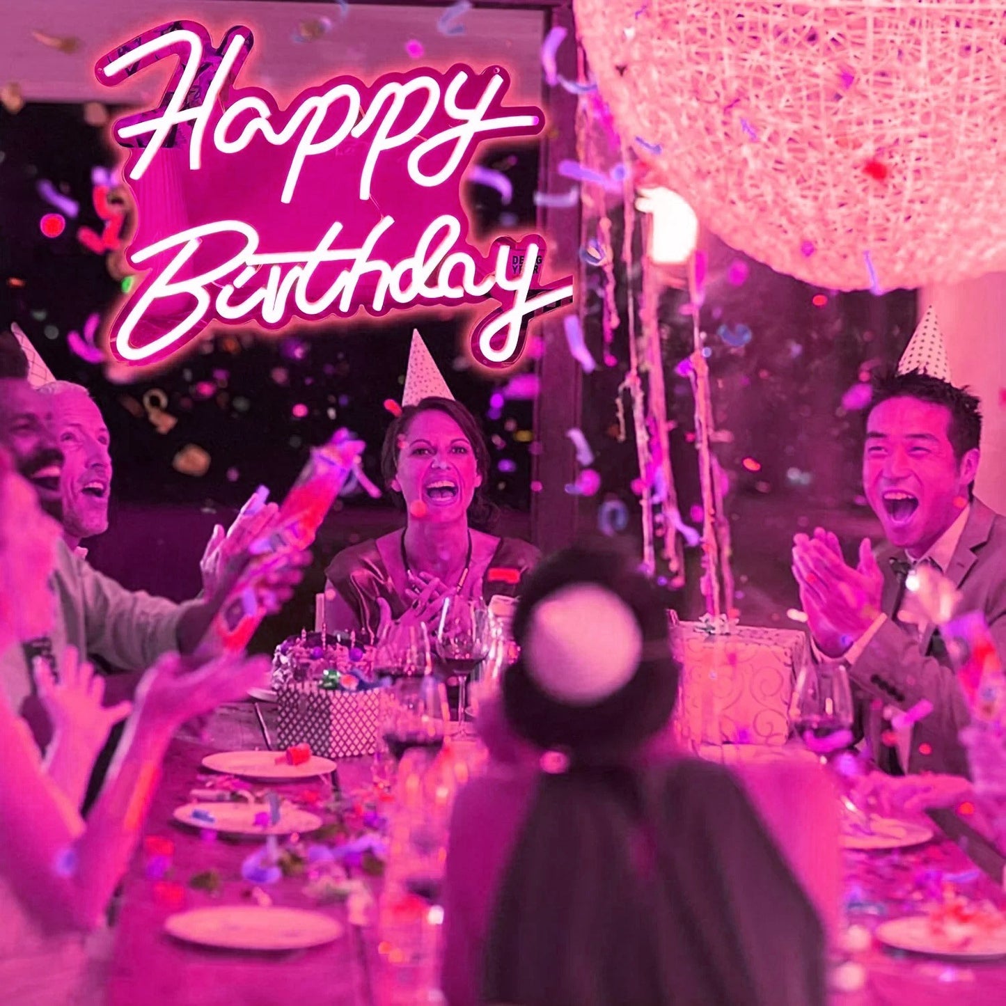 Happy Birthday Neon Sign - Pink LED Light - Wall Bday Celebration Party