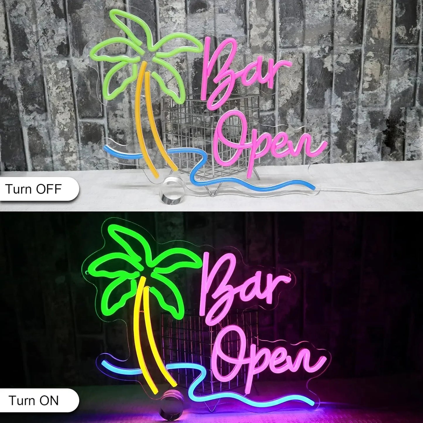 Bar Open Neon Light - LED Palm Sign - Pub Home Cocktail Club etc LED Alcohol