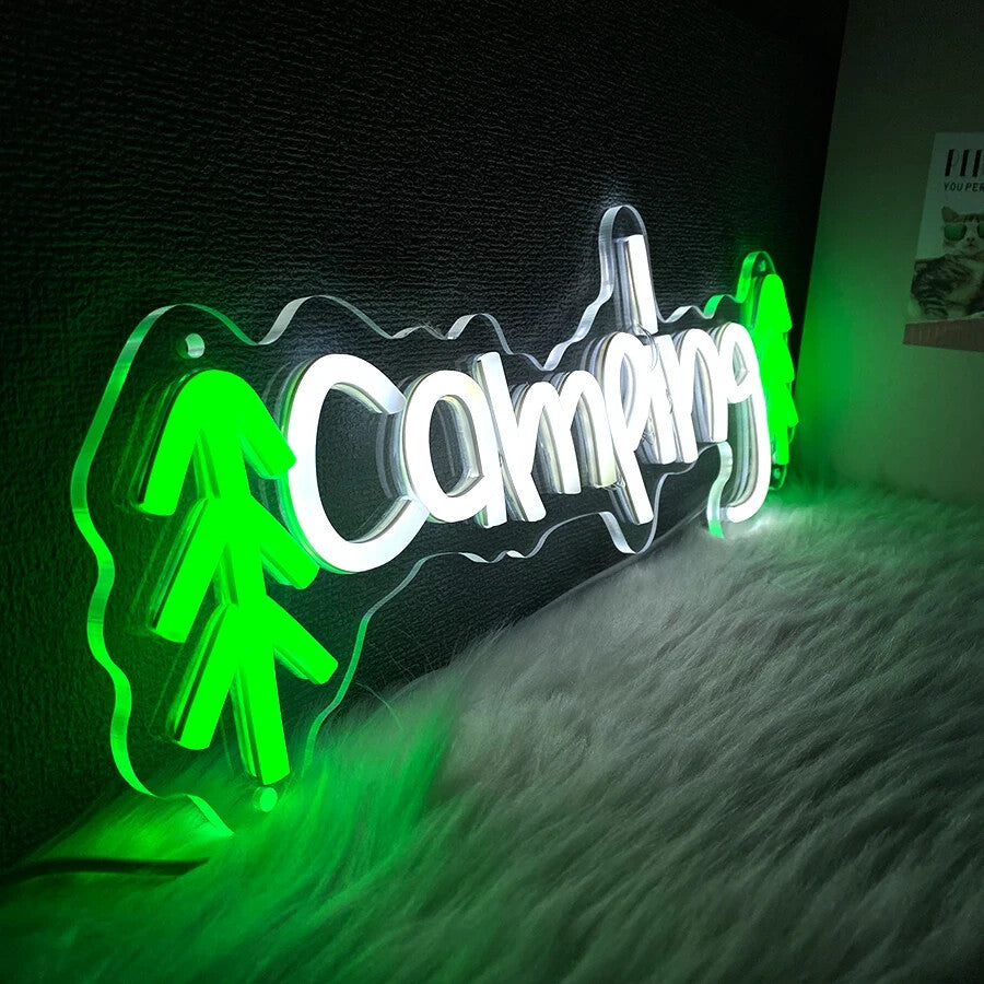 Camping Neon Sign - Green LED Light Campervan Campsite Park Caravan Glamping RV
