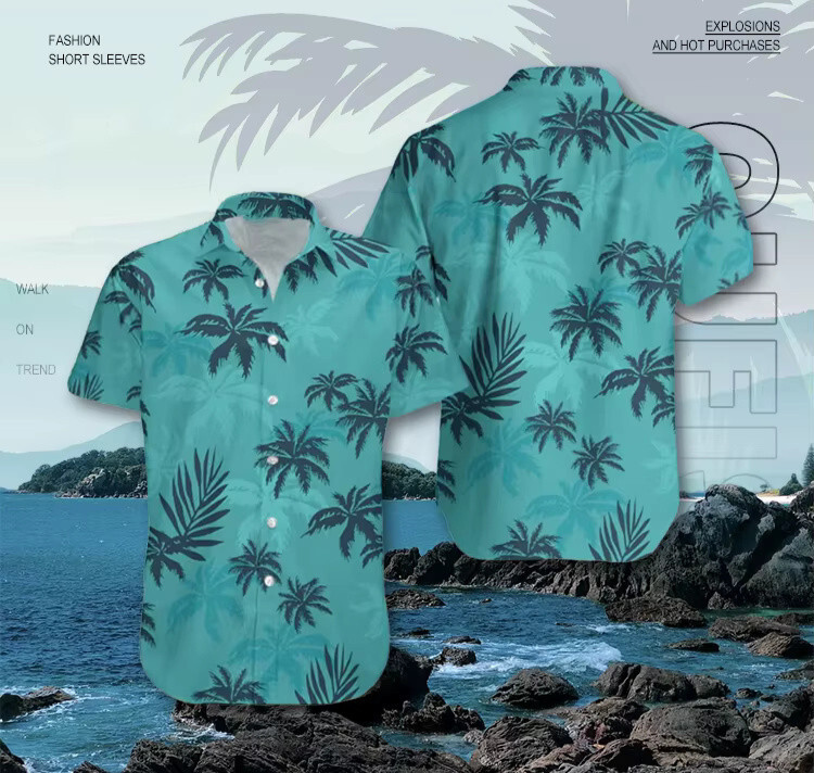 Retro inspired 80s themed Hawaiian shirt Blue - tropical Hawaii Mens Fancy Dress
